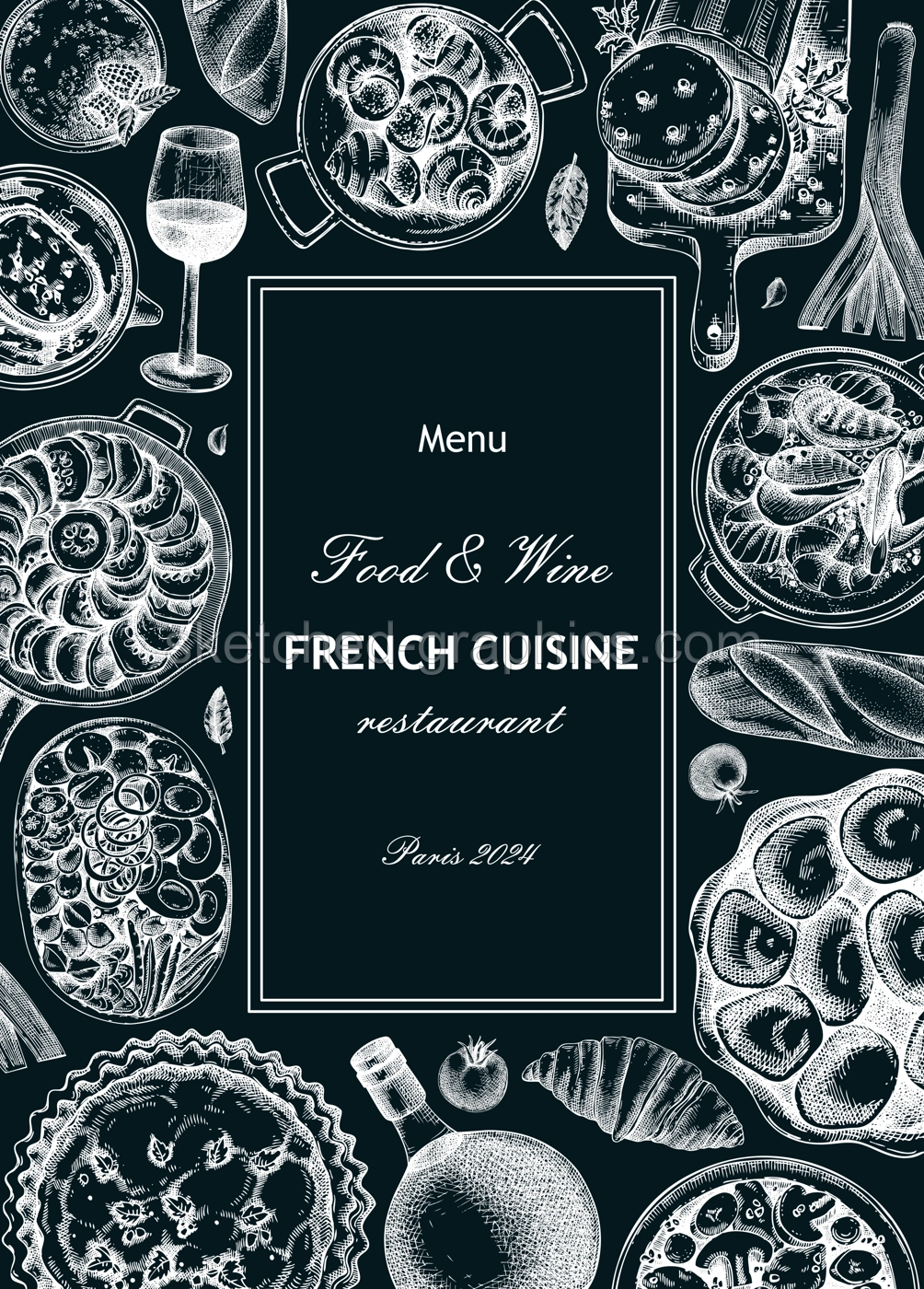 French food frame design on chalkboard. Vintage food and wine sketches. European restaurant menu template. France background. Hand-drawn vector illustration, NOT AI generated Illustration